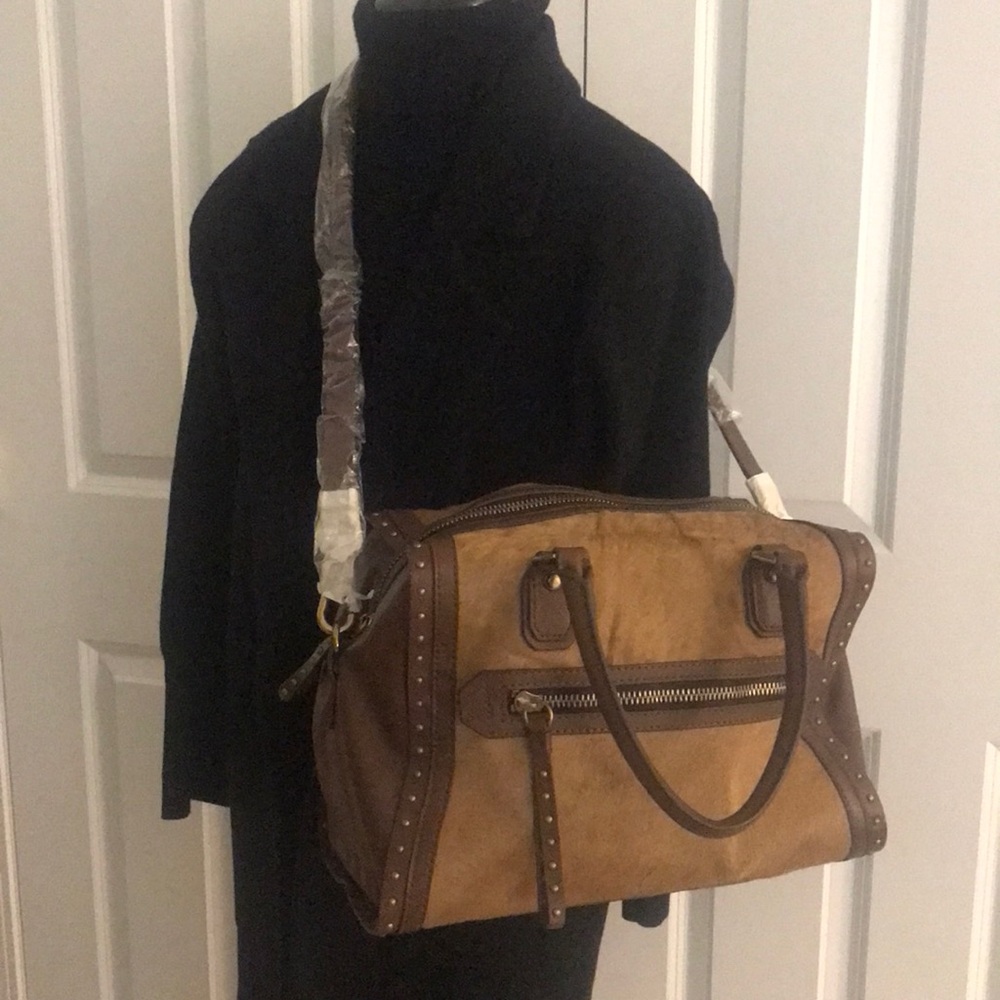 Oryani Brown Cow Hide & Leather Handbag Purse Antique Brass Hardware w/ …